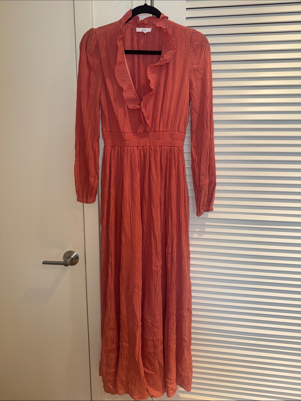 Ruffled V-Neck Long Sleeve Maxi Dress in Coral Red